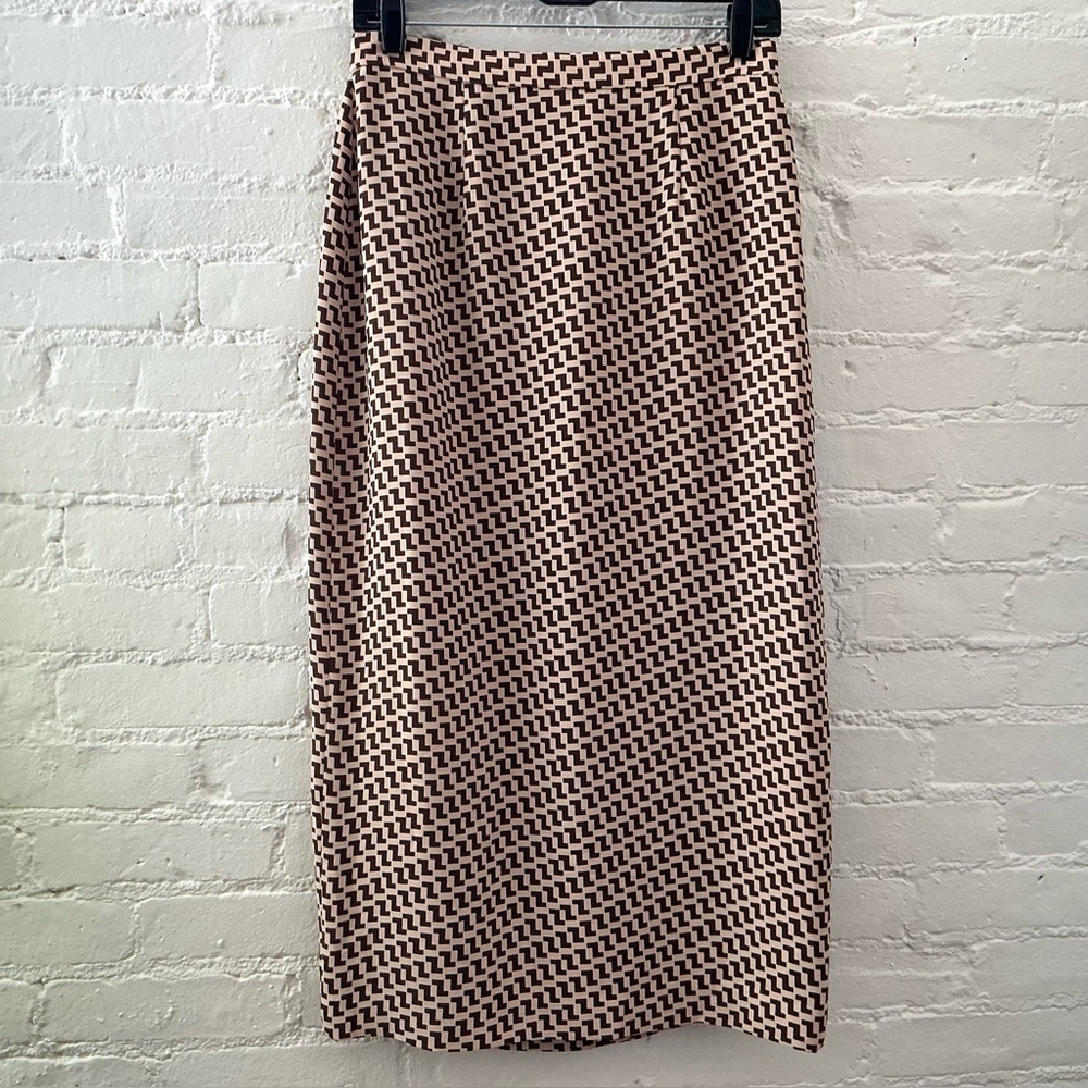 Vintage 90s Womens Column Skirt Brown Geo Printed Office Career Retro Size 8 NWT